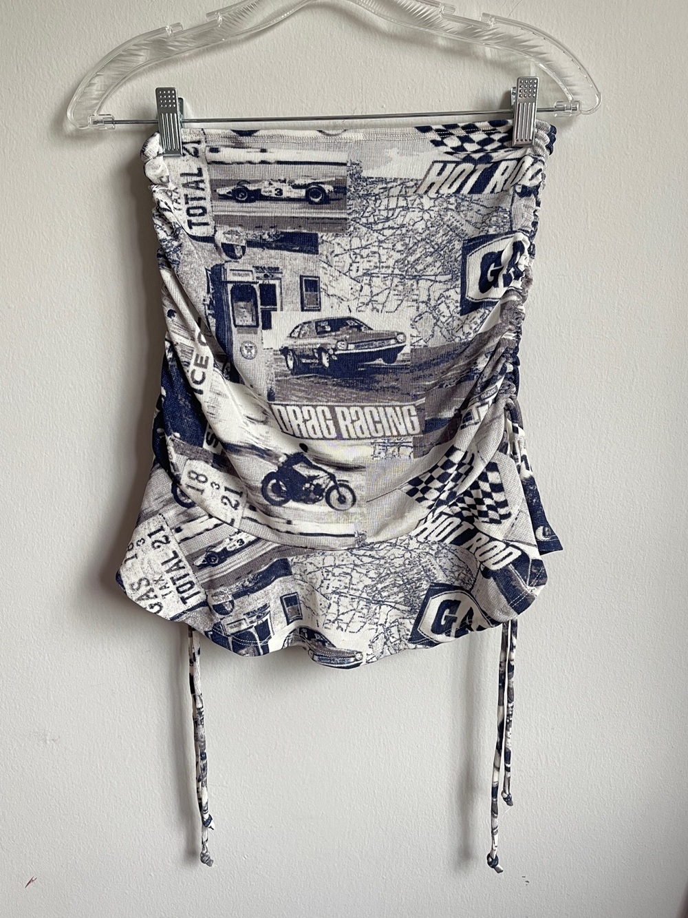 Urban Outfitters Graphic Car Print Mini Skirt with Ruched Sides — Navy & Cream